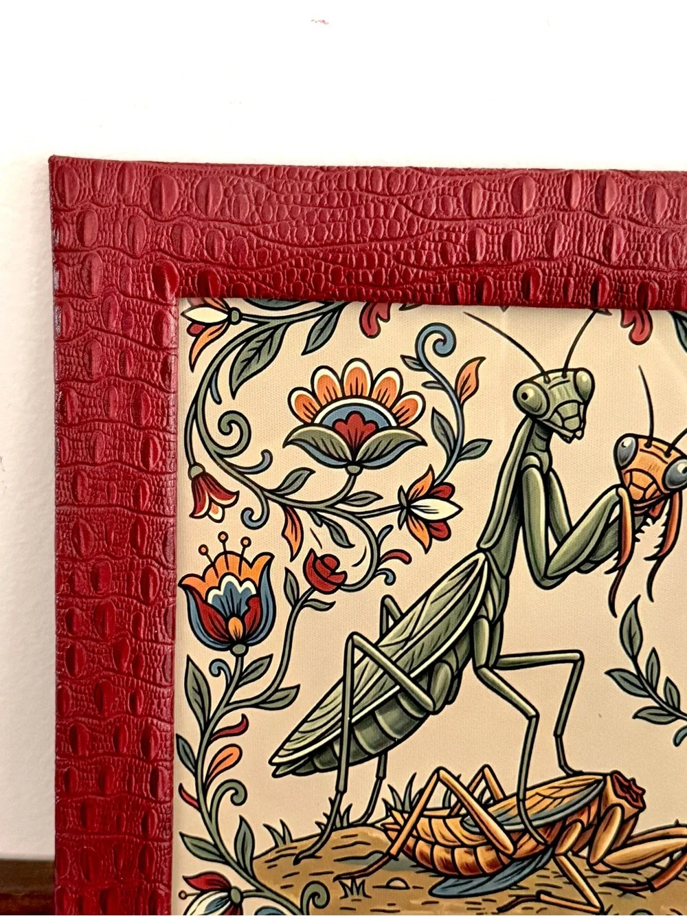 Girls Will Be Girls Praying Mantis Canvas Art Print Red Croc Faux Leather Framed